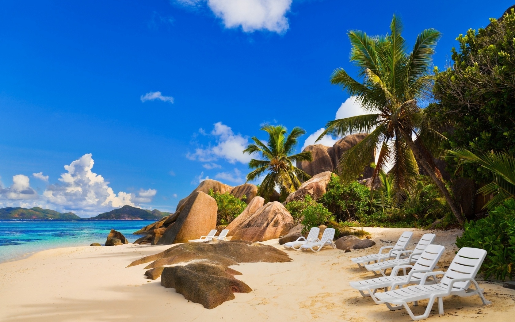 seychelles, beach, chair, rock, sea, palm