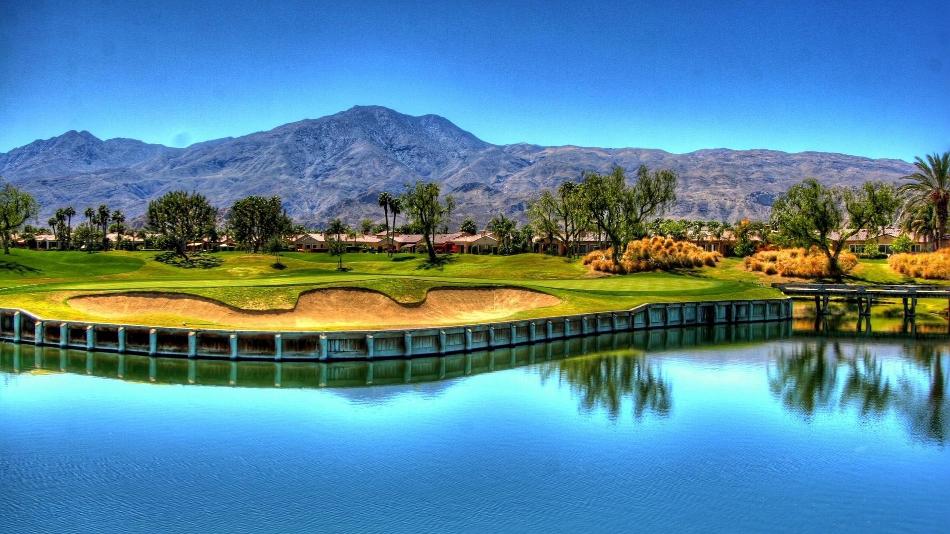 golf, lake, tree, water, fields, houses