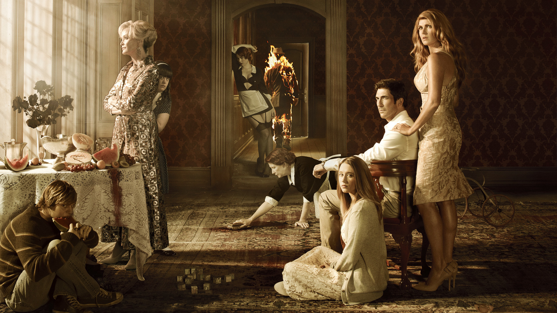 american horror story,   ,  , dylan mcdermott,  , connie britton,  , taissa farmiga,  , evan peters,  , frances conroy,  , jessica lange,  