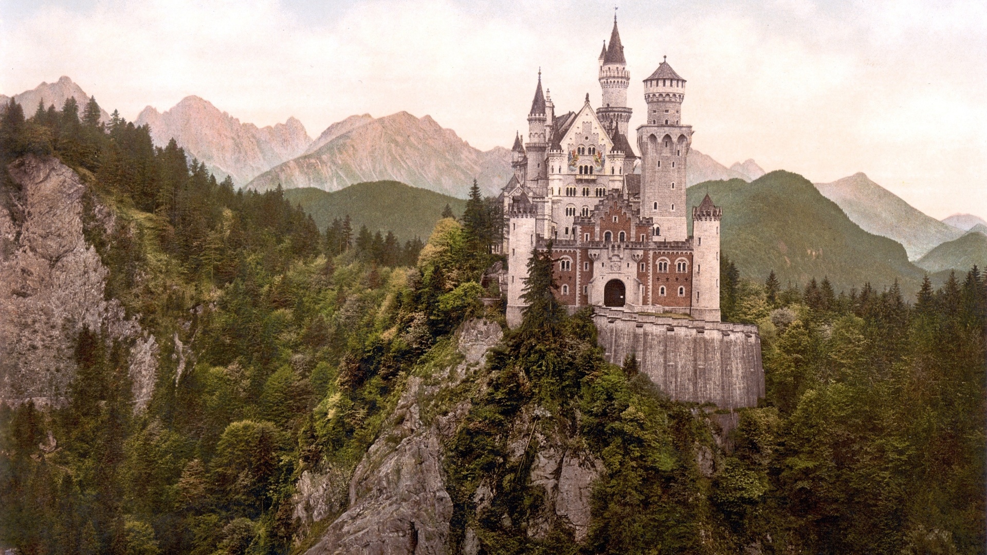 Картинки замок, германия, neuschwanstein, природа, горы, горная река,  красиво - обои 1920x1080, картинка №138841