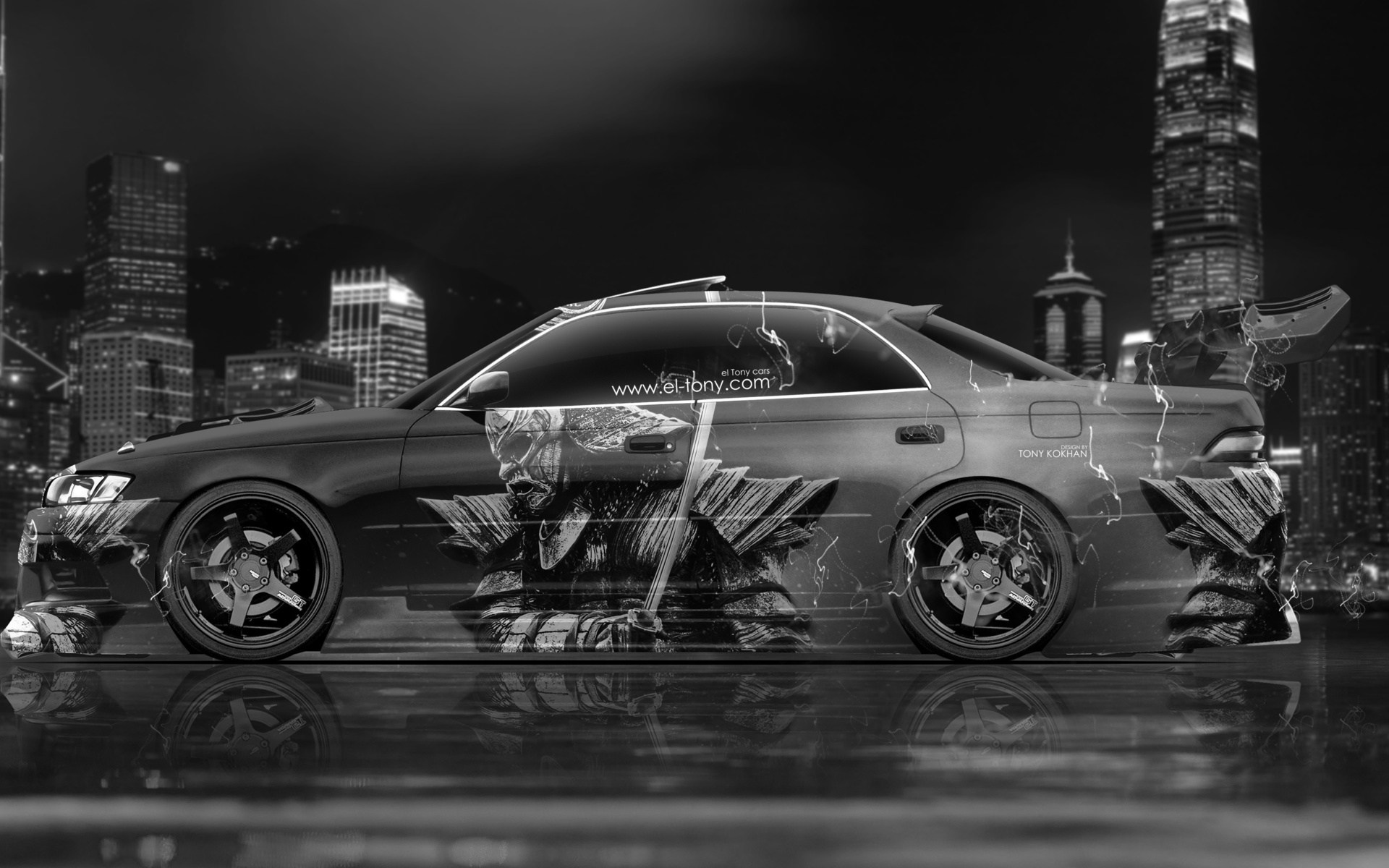 tony kokhan, toyota, mark2, jzx90, jdm, tuning, samurai, japan, city, aerography, side, black, white, silver, photoshop, design, art, style, el tony cars, wallpapers,  , , , 2,  , , , , , 