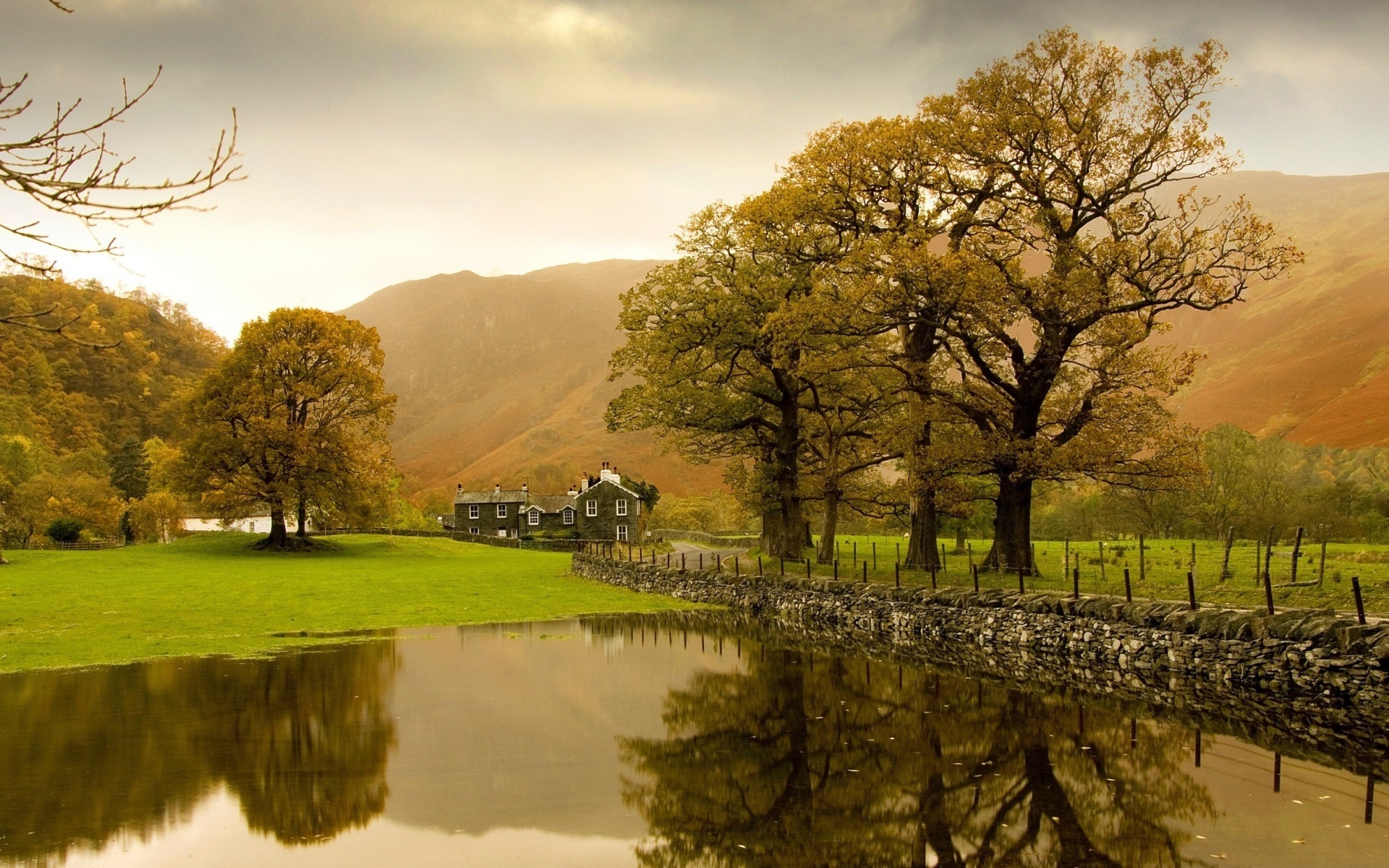 country, house, lake, water, grass