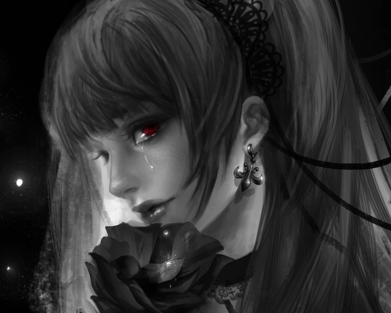 Картинки art, rikamello, death note, amane misa, тетрадь смерти, девушка,  слеза, цветок, красный глаз - обои 1280x1024, картинка №142065