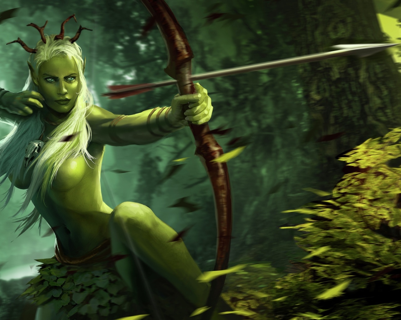 witcher, battle arena, eithne, , brokilon, , art, , , fantasy, , girl, , driada, , archer, , topless, forest, wood, , green skin,  