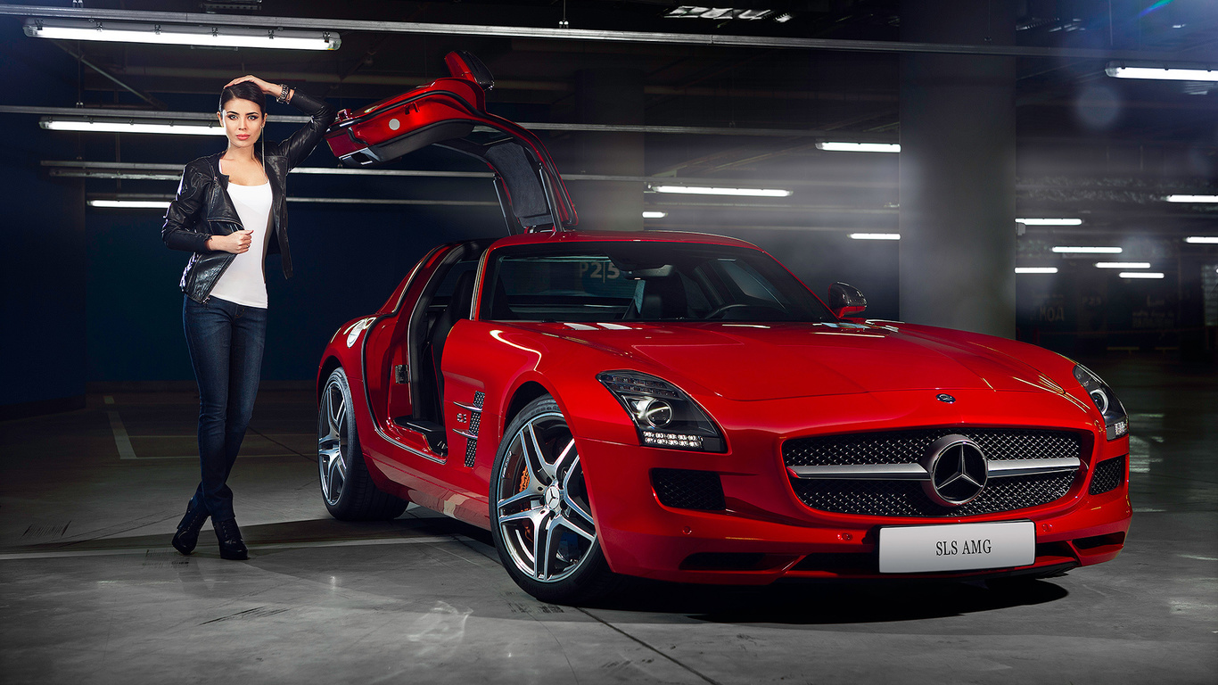 mercedes-benz, sls, amg, red, supercar, door, girl, beauty, elmira abdrazakova