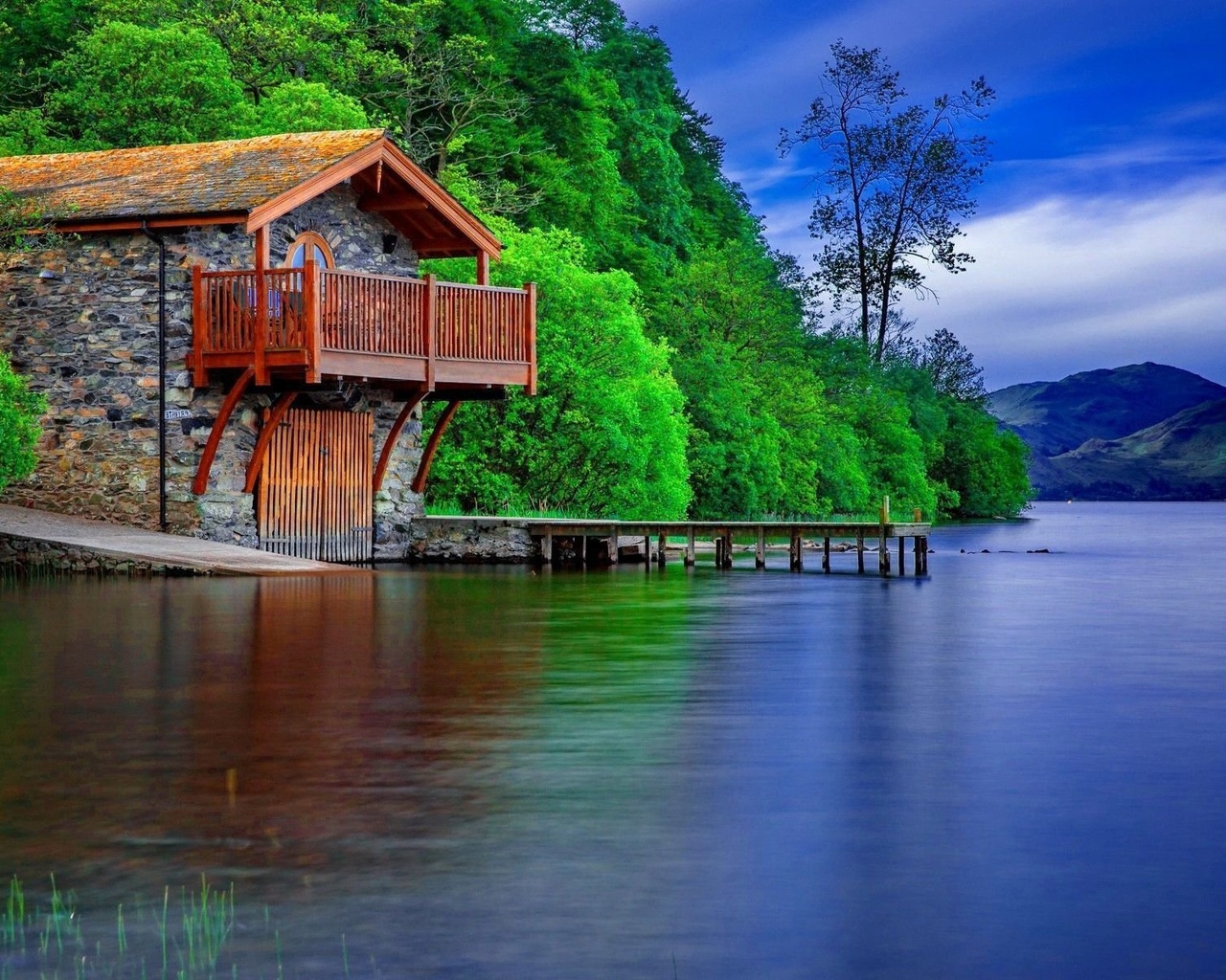 lake, water, cabin, tree