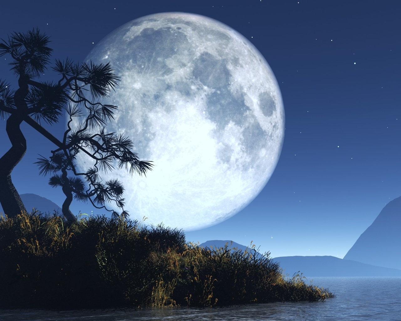 moon, tree, sky, water, mountain, fairytale landscape