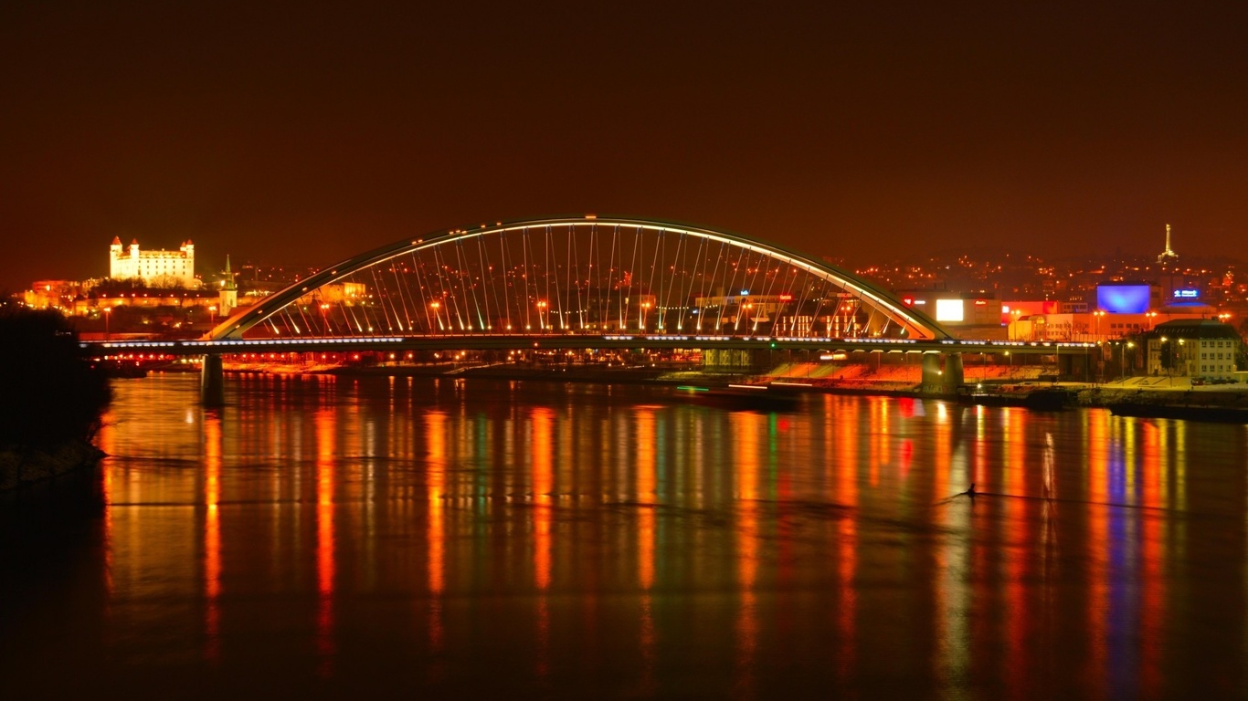 bratislava, river, bridge, night