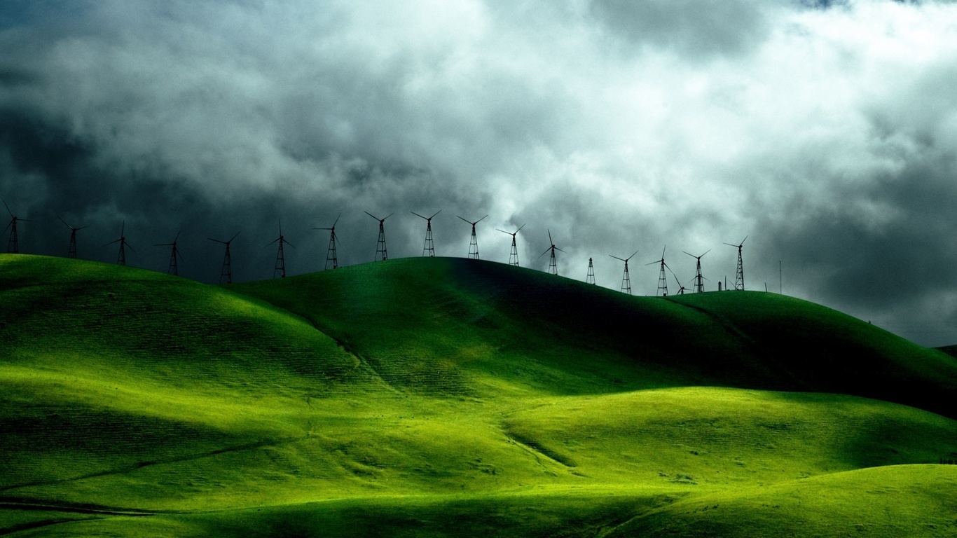 hills, turbine, wind, grass, green