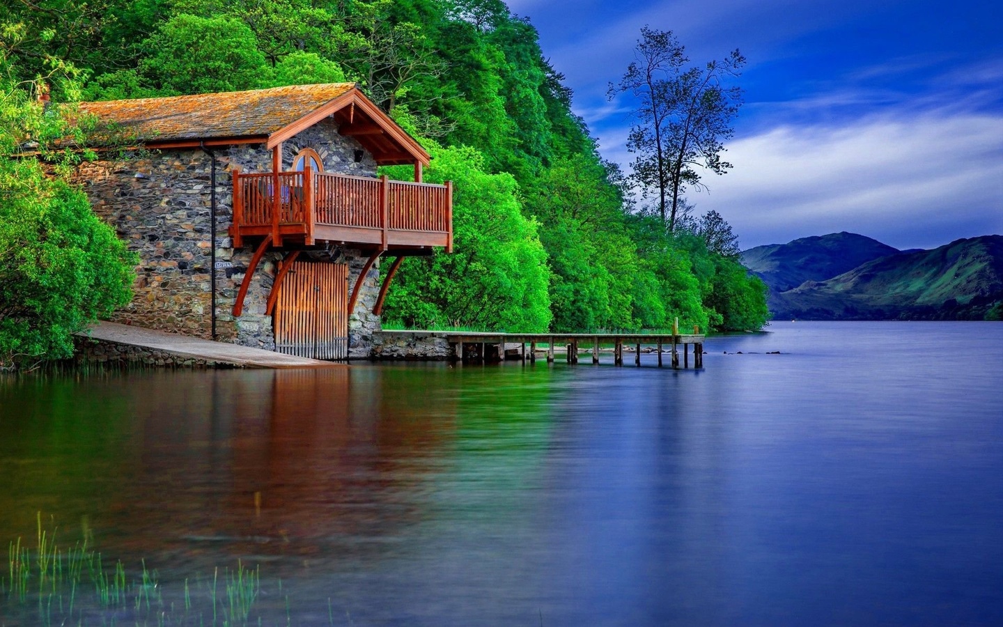 lake, water, cabin, tree