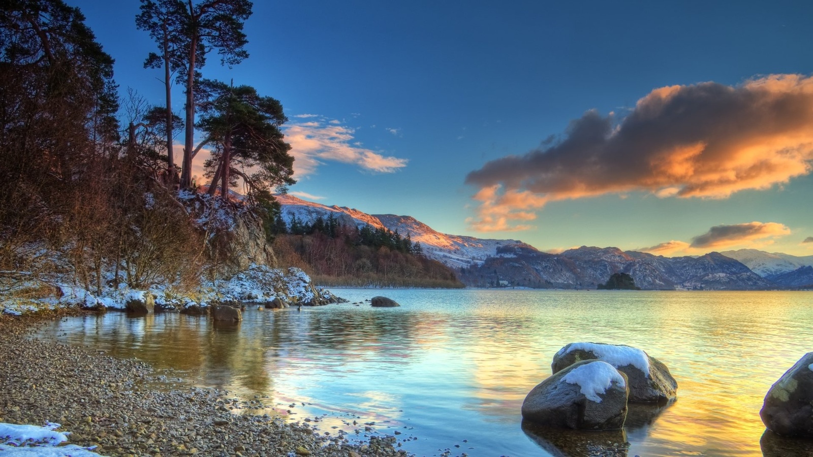 sunset, lake, water, tree, rocks, clouds