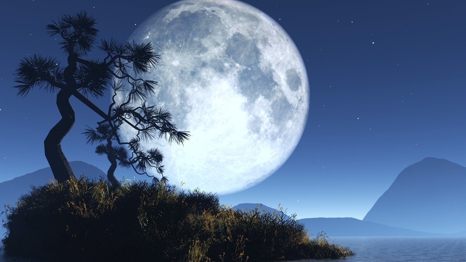 moon, tree, sky, water, mountain, fairytale landscape