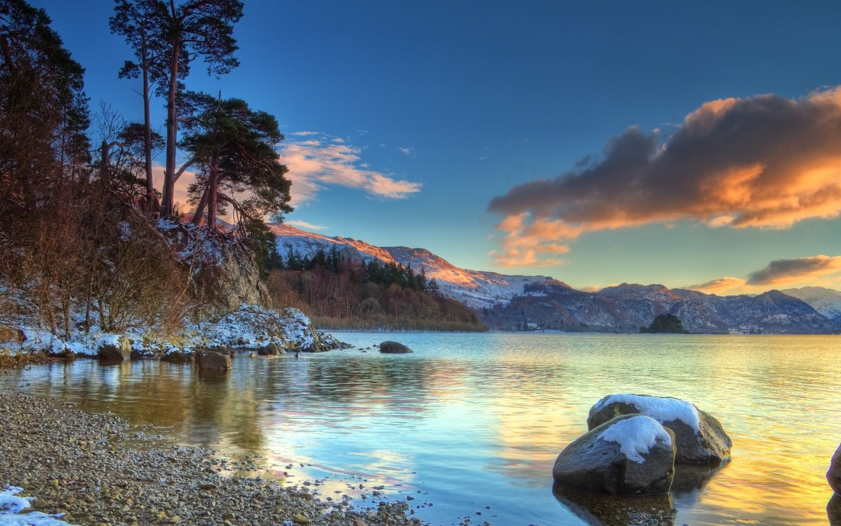 sunset, lake, water, tree, rocks, clouds