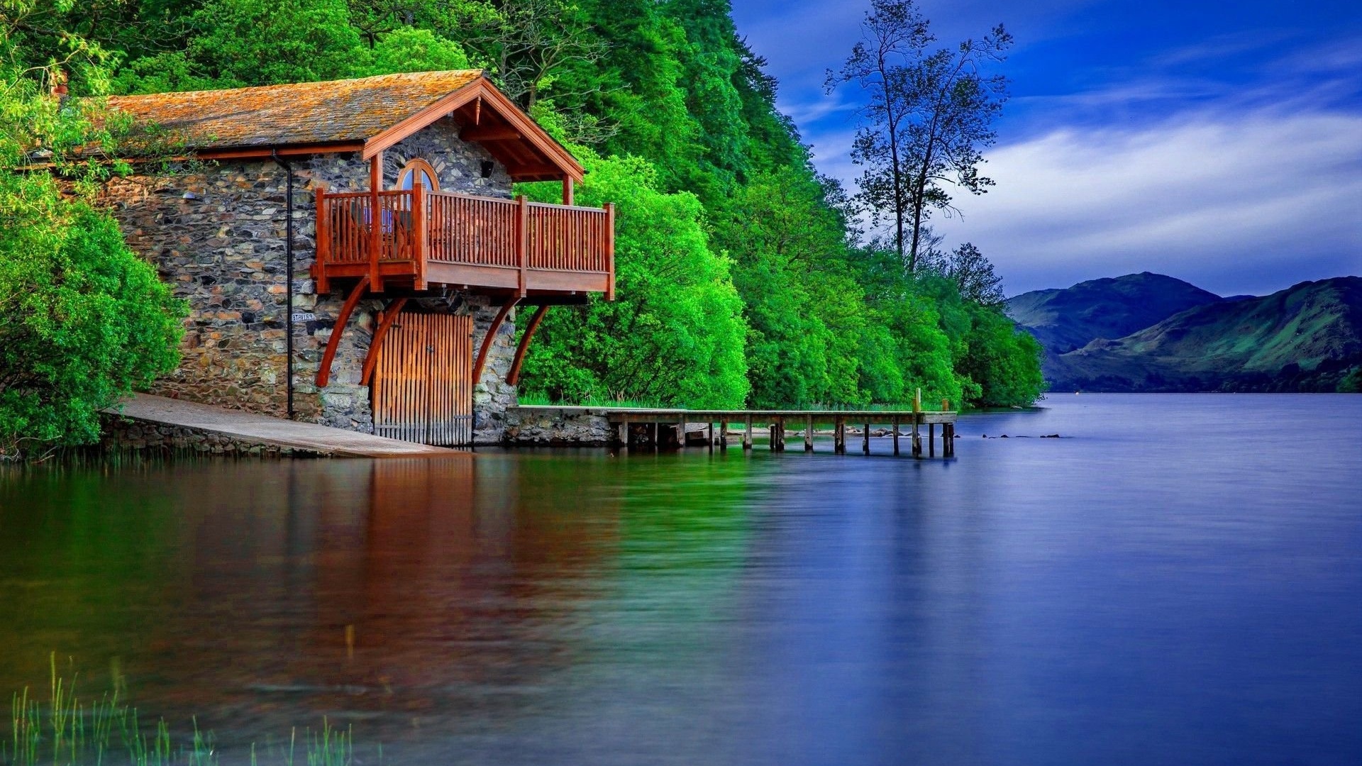 lake, water, cabin, tree