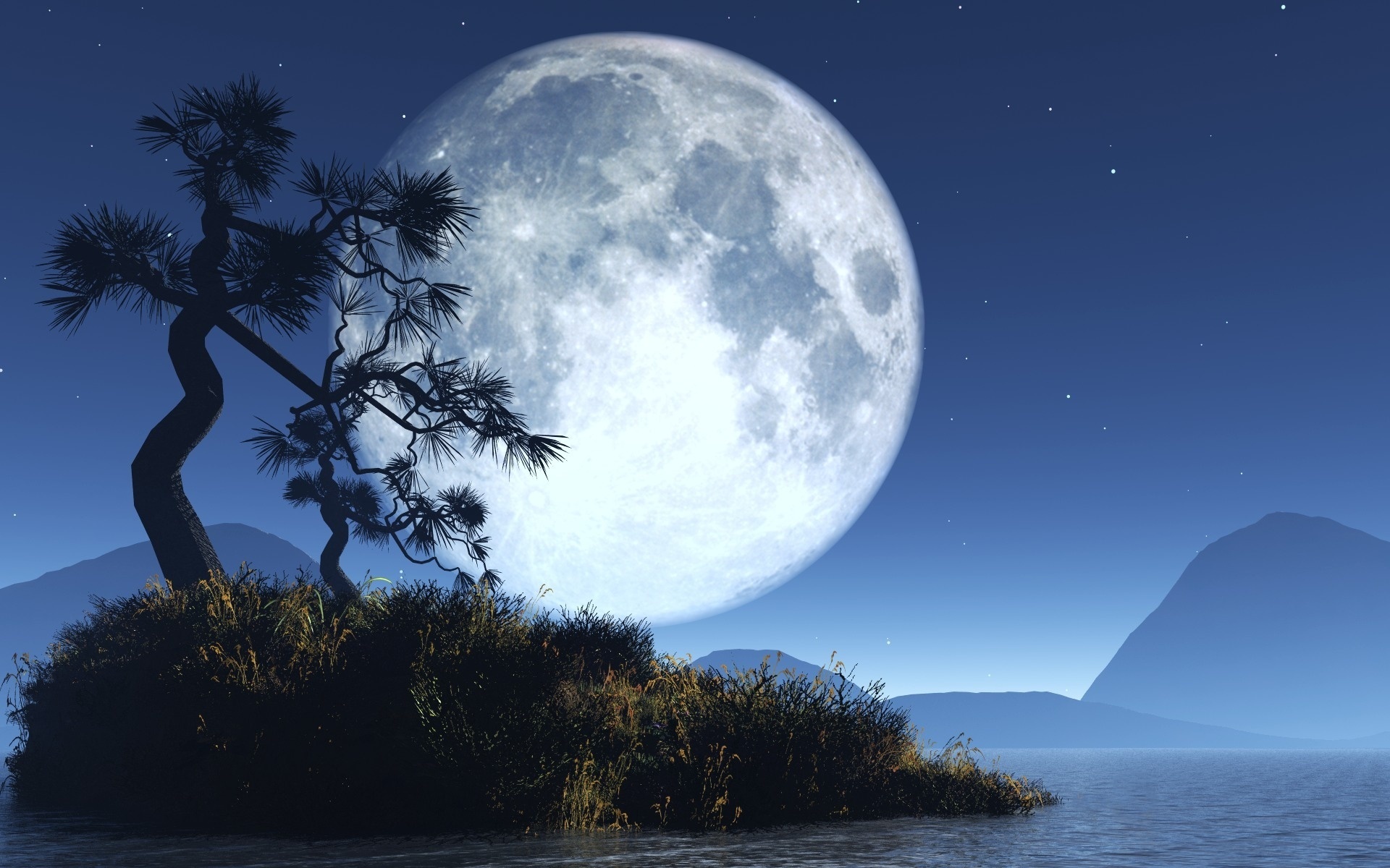 moon, tree, sky, water, mountain, fairytale landscape