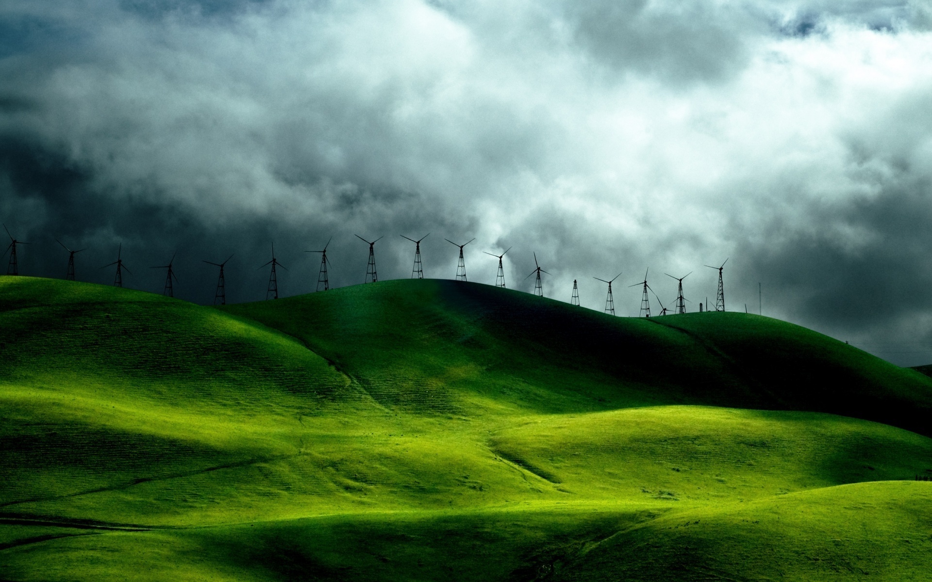 hills, turbine, wind, grass, green