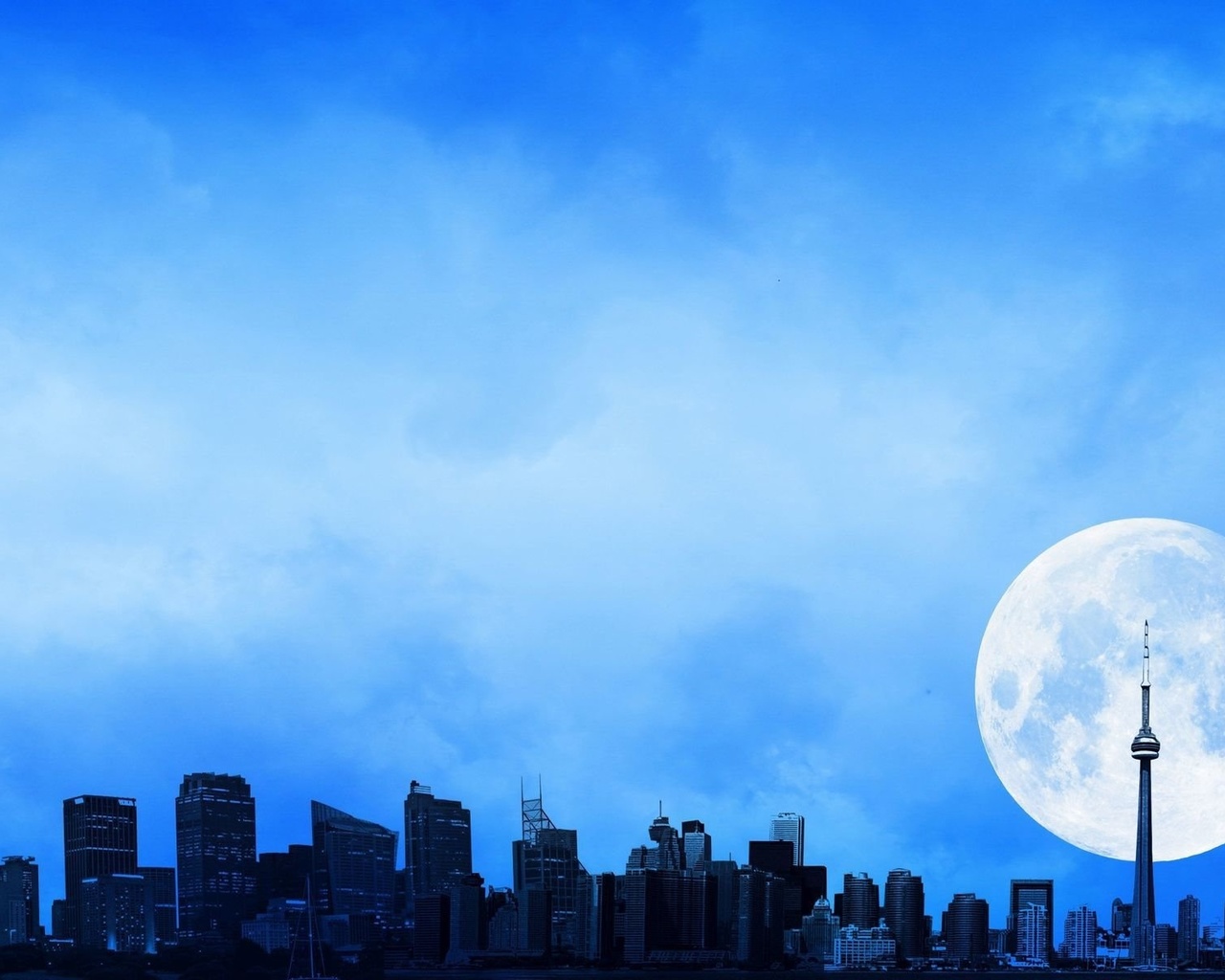 moon, full, sky, city