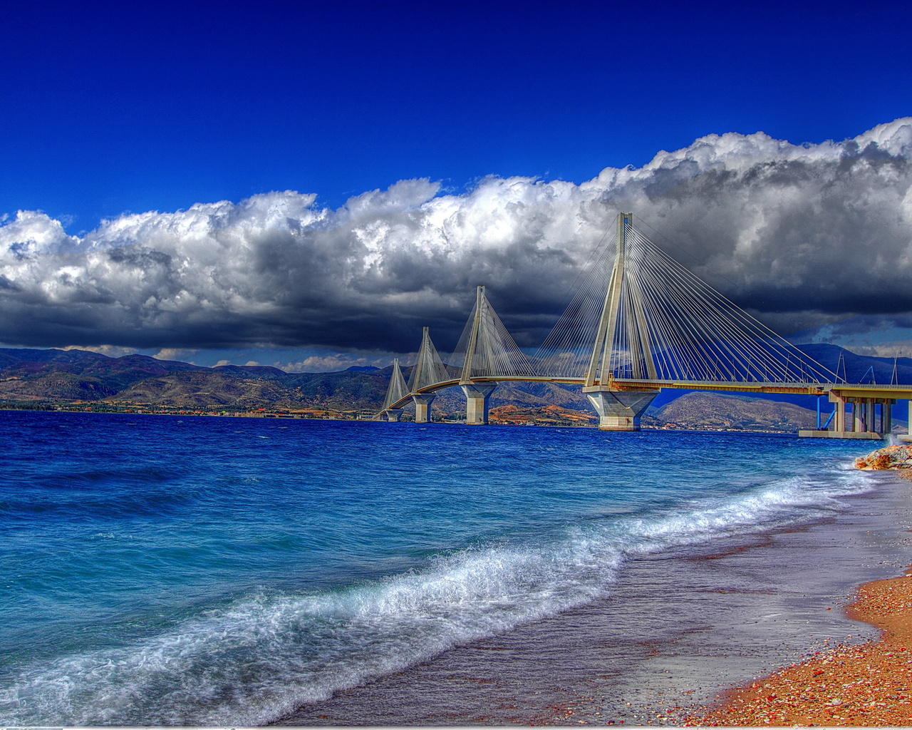 greece, bridge of rio-antirio, sea, coast, clouds