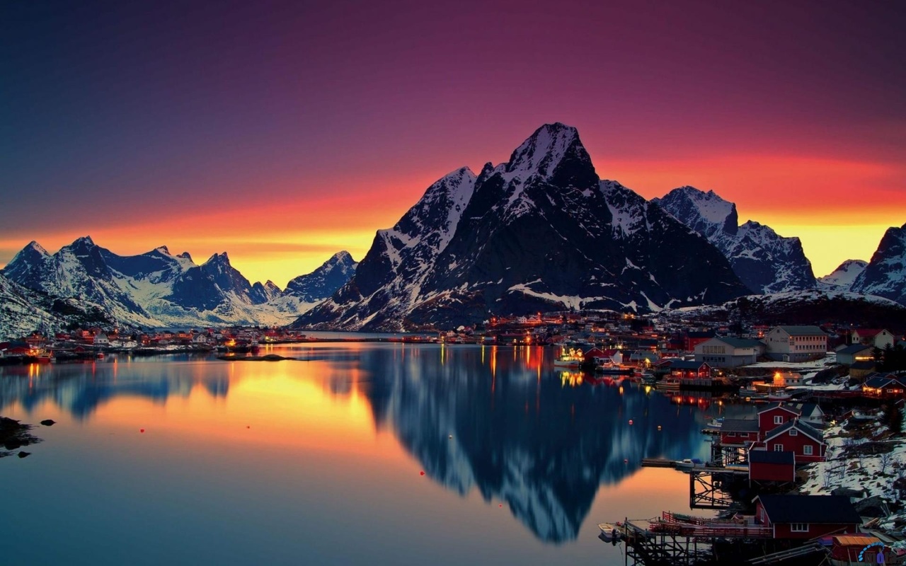 water, mountain, house, light, sky