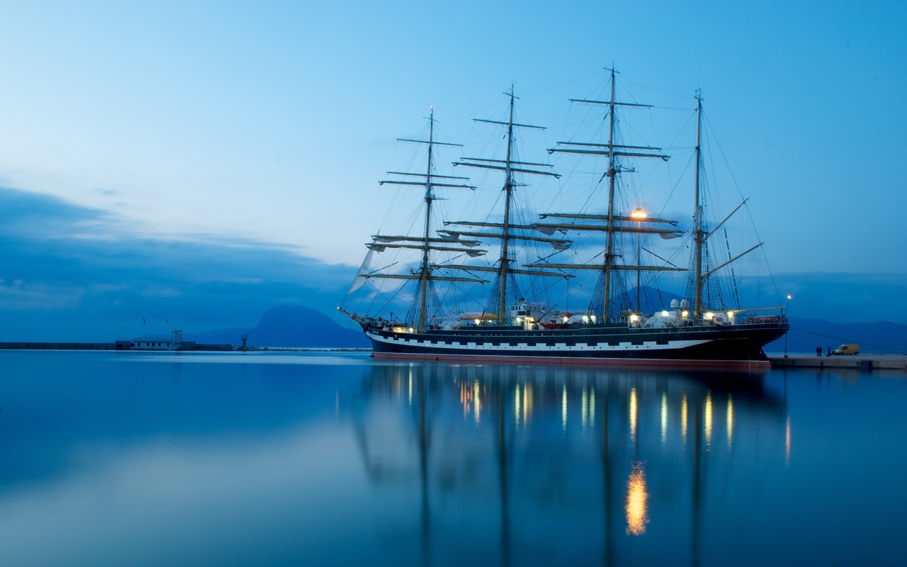 ship, sailfish, kruzenshtern, sea, mountains, sky