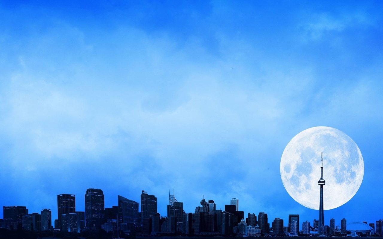 moon, full, sky, city