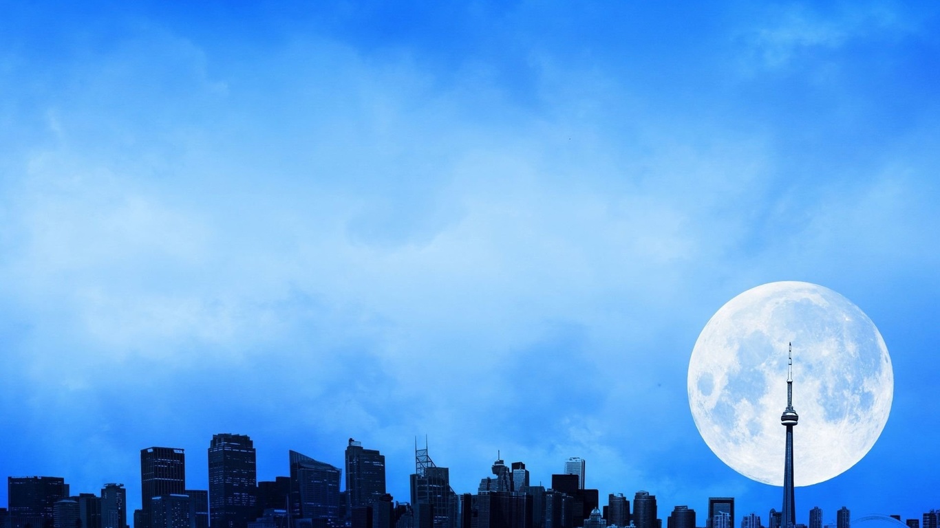 moon, full, sky, city