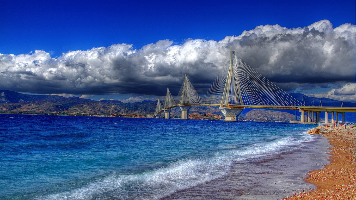 greece, bridge of rio-antirio, sea, coast, clouds