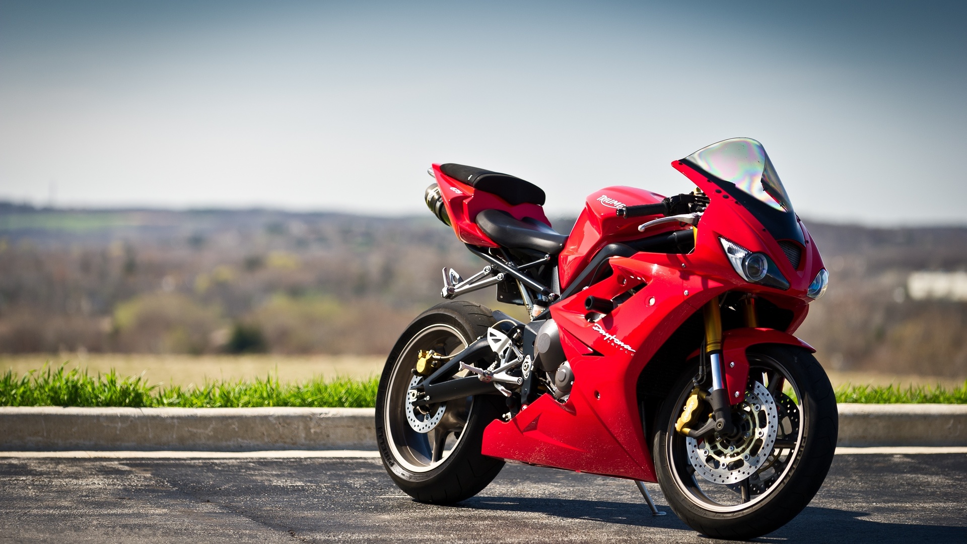 deuteron, grass, red, sidewalk, motorcycles, triumph