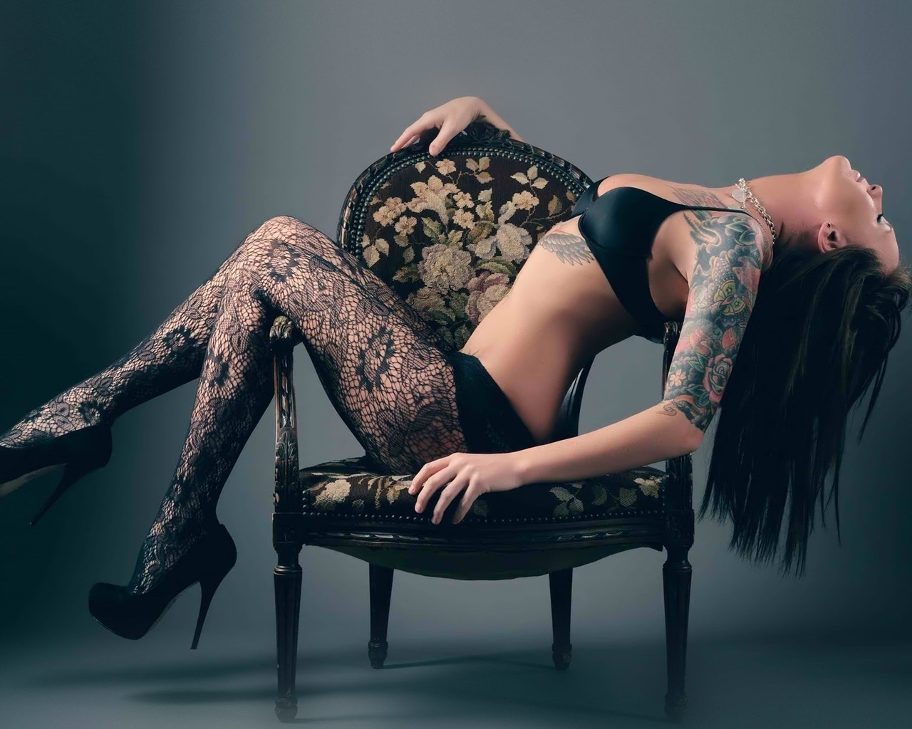 tattoo, brunette, sexy, stockings, body