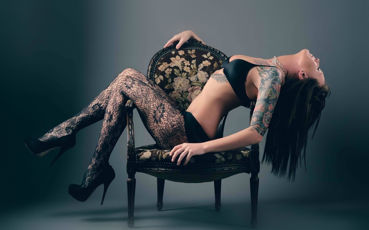 tattoo, brunette, sexy, stockings, body