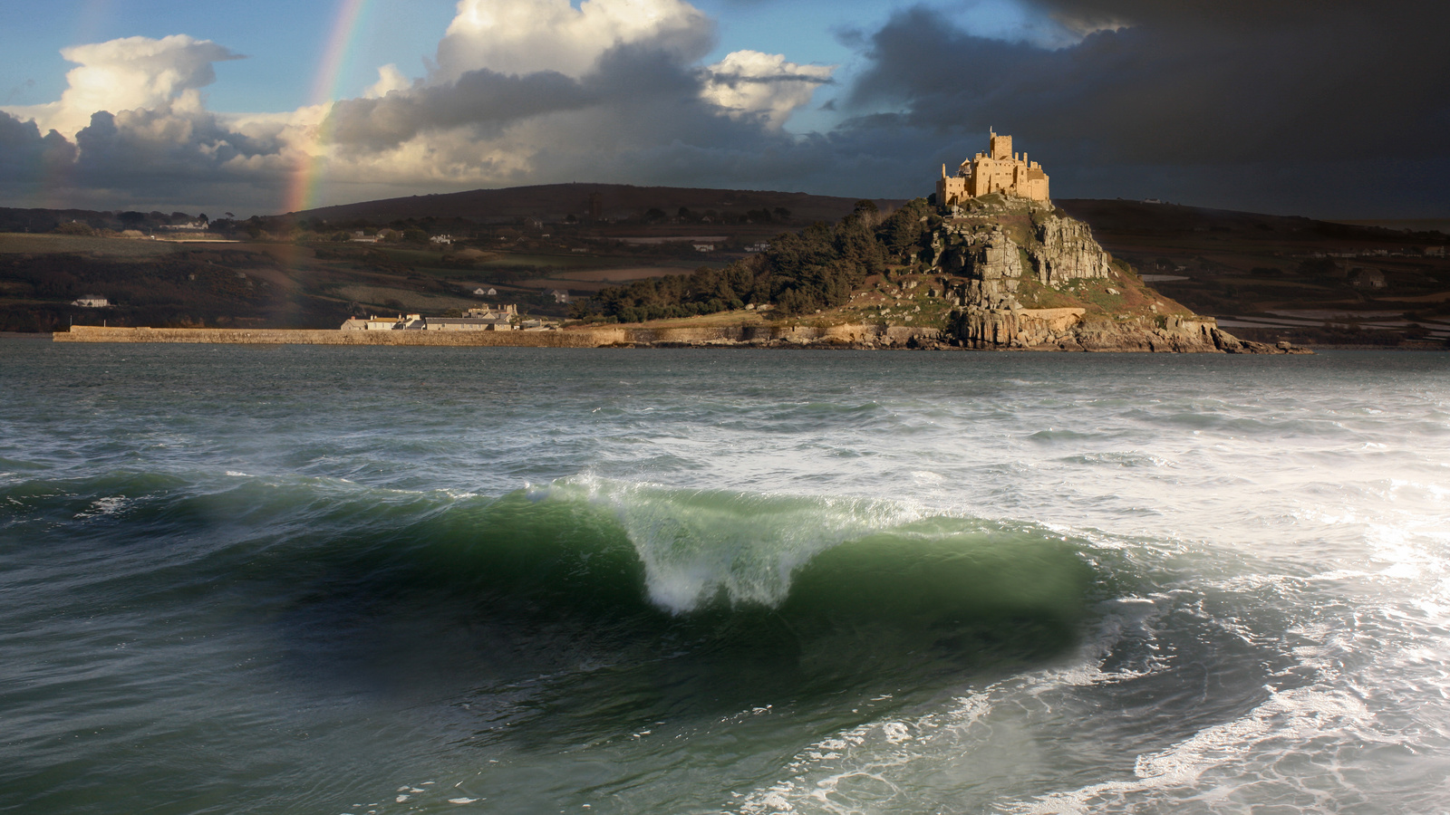 moment of joy, spring shower, over st micheals mount cornwall