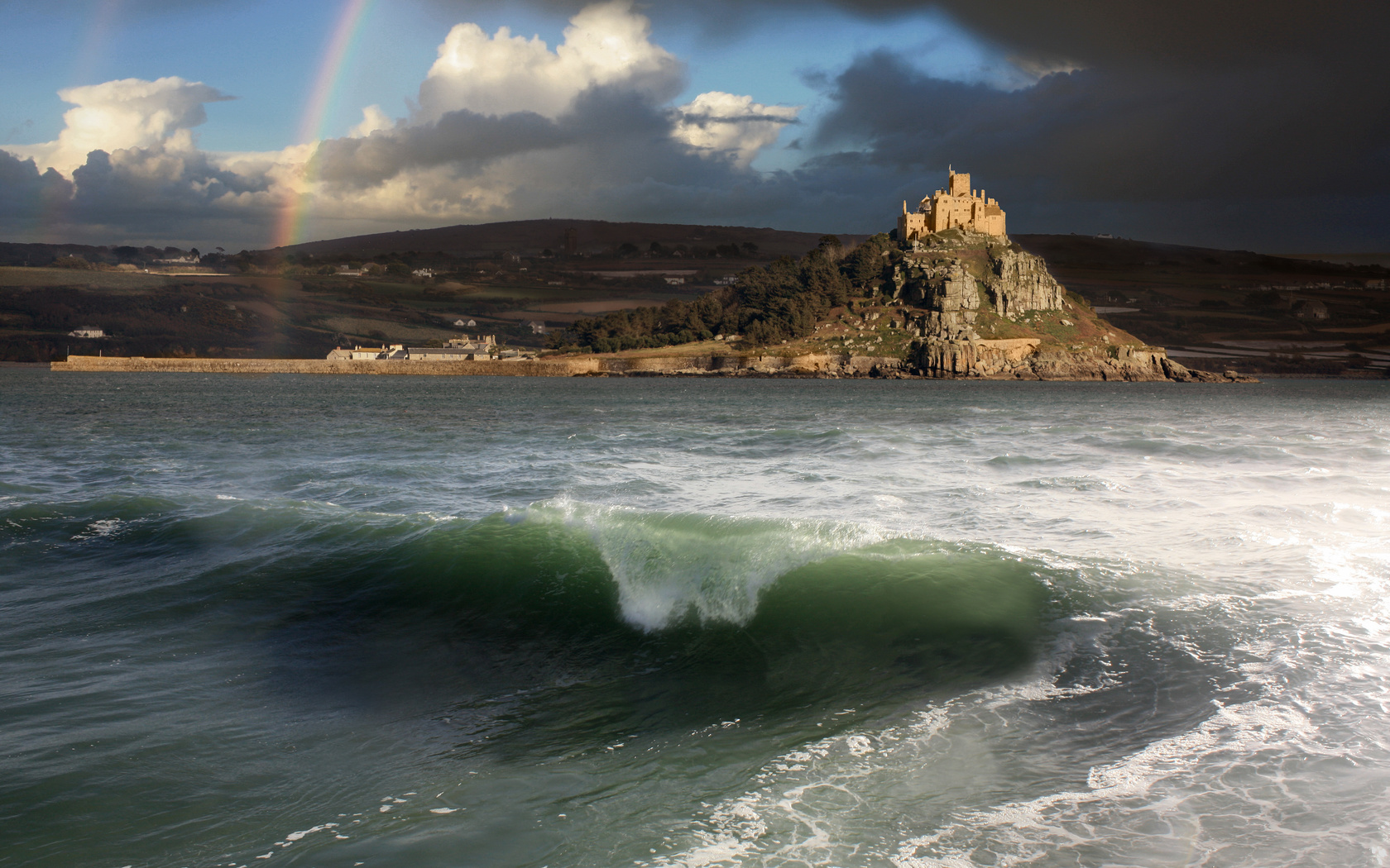 moment of joy, spring shower, over st micheals mount cornwall