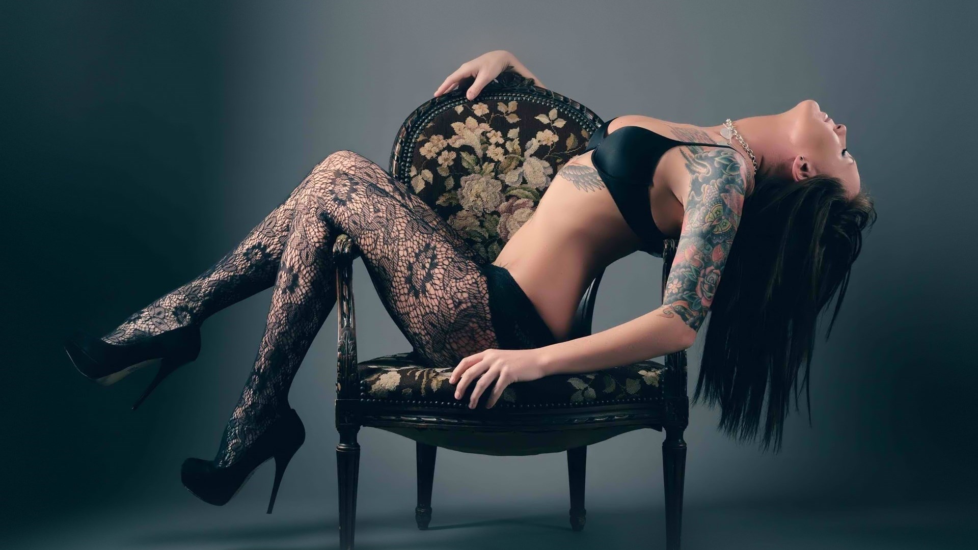 tattoo, brunette, sexy, stockings, body