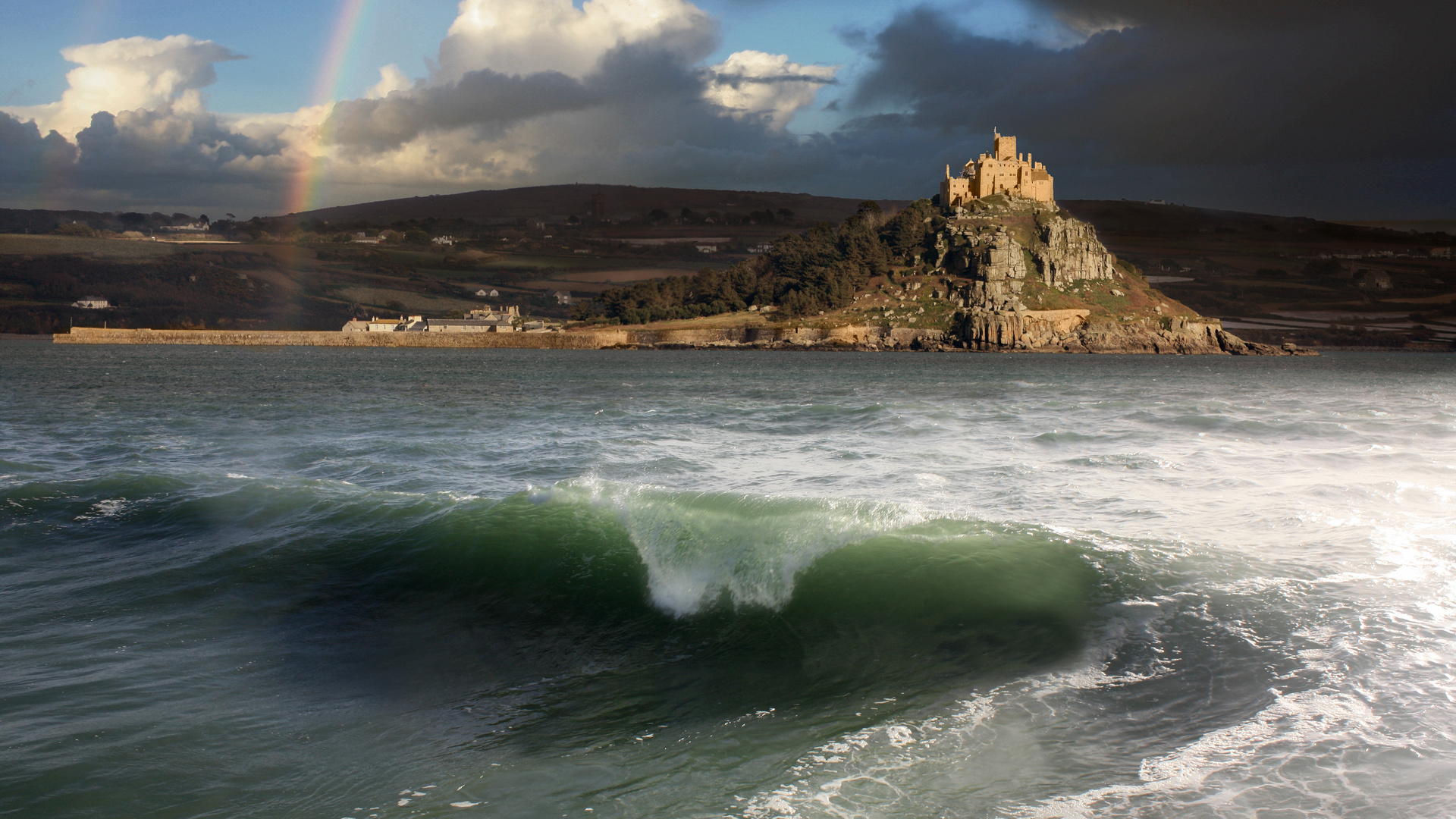 moment of joy, spring shower, over st micheals mount cornwall