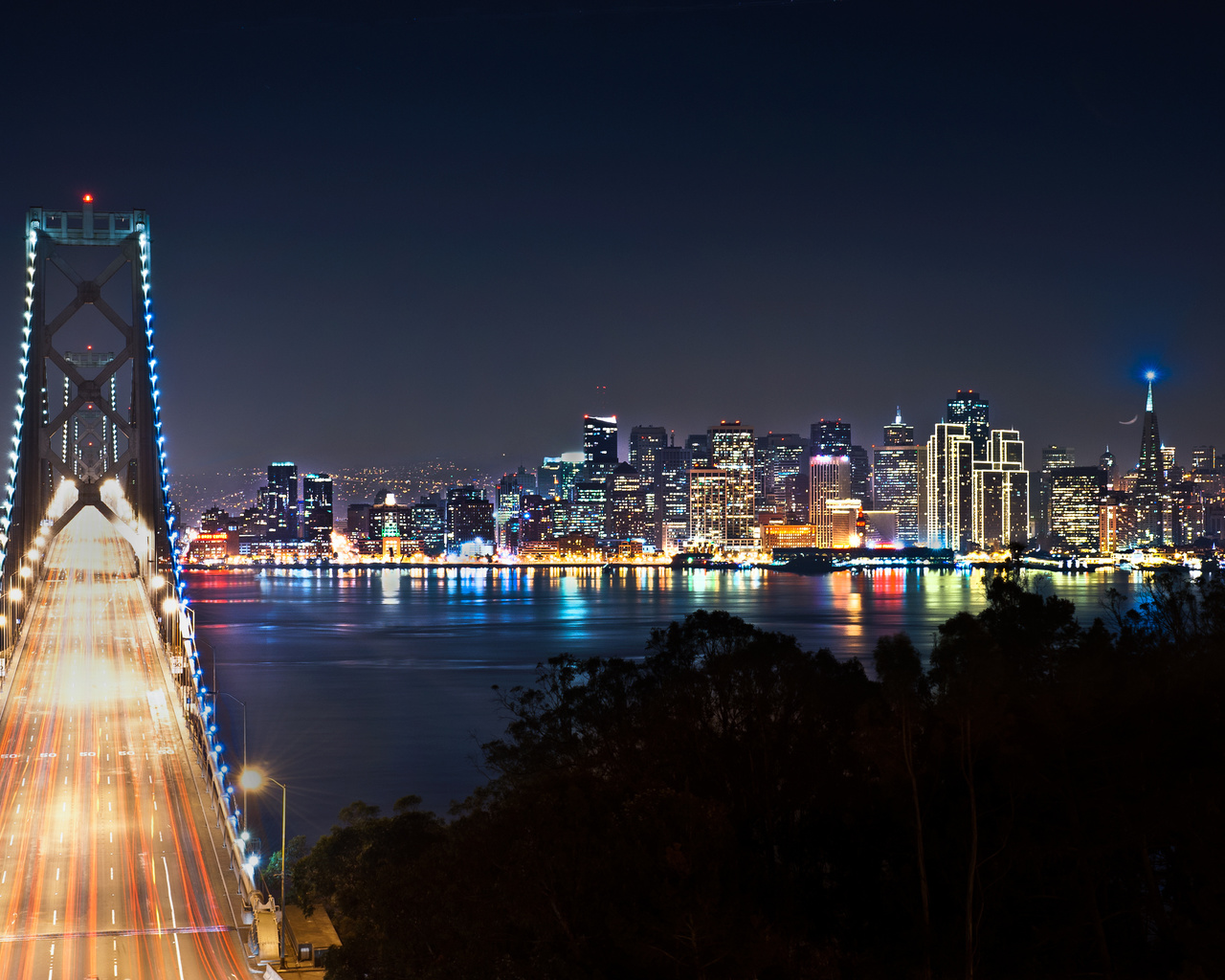 bridges, sky, san francisco, night, lights