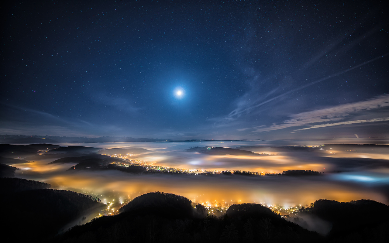 uetliberg, swiss mountain plateau near zurich, night