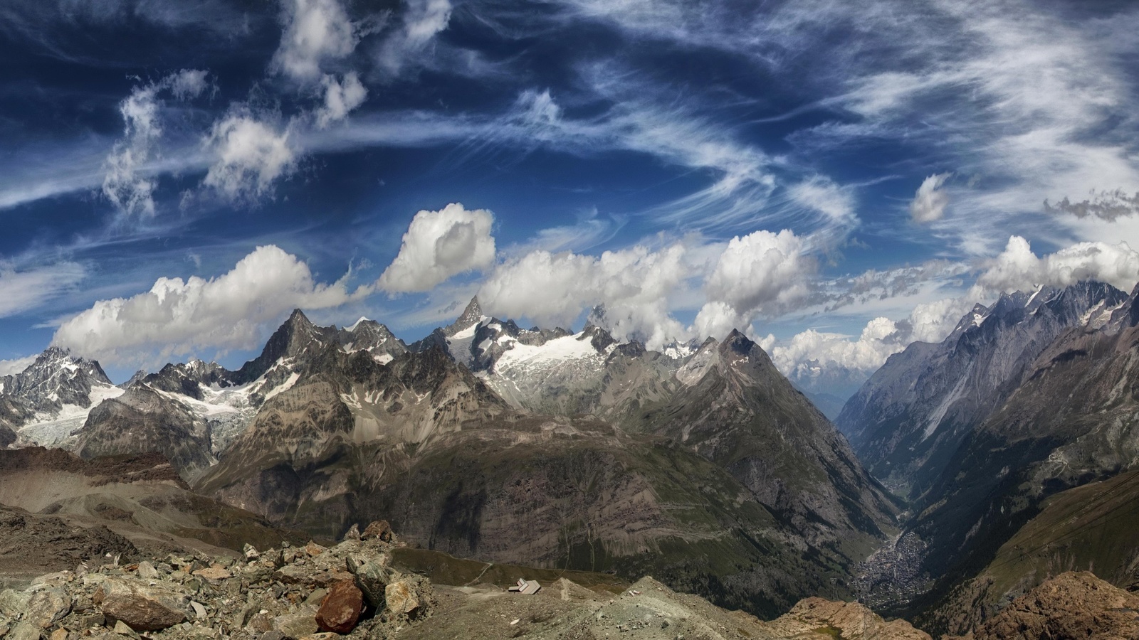 mountains, sky, stones, switzerland, zermatt, clouds