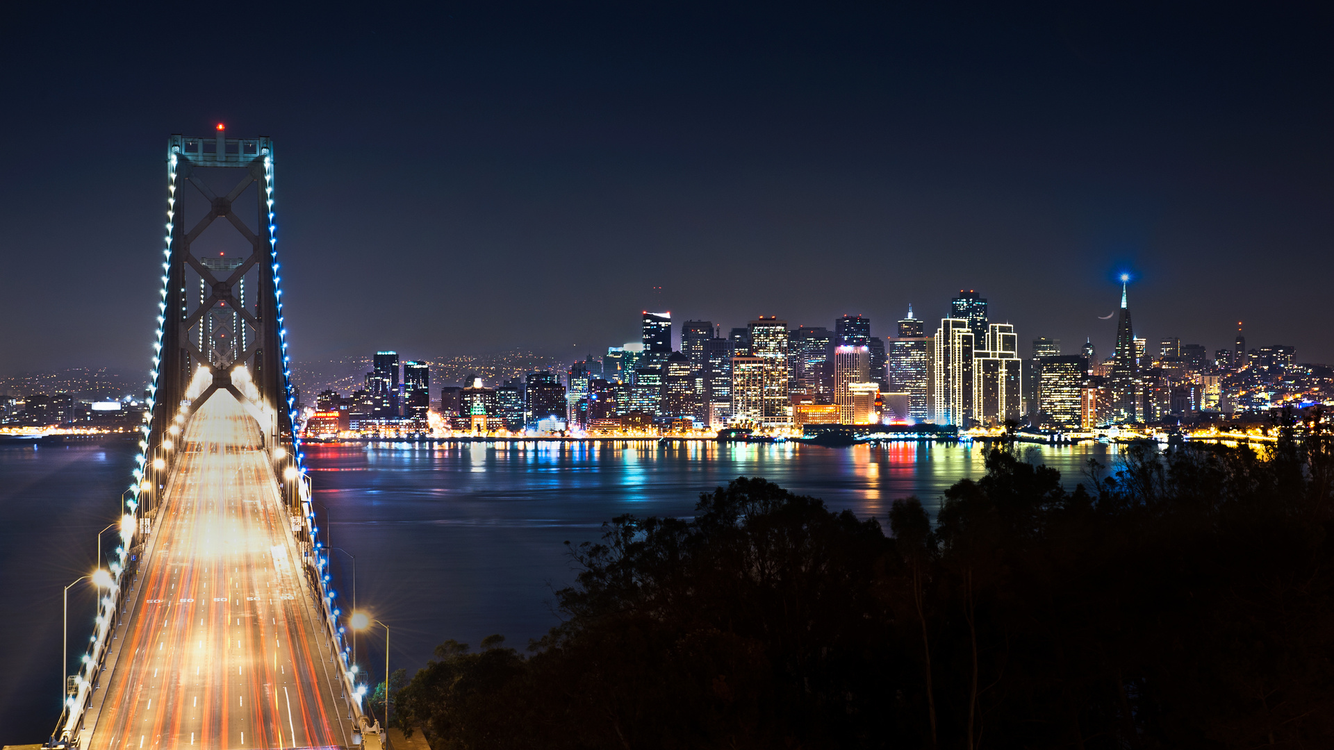 bridges, sky, san francisco, night, lights