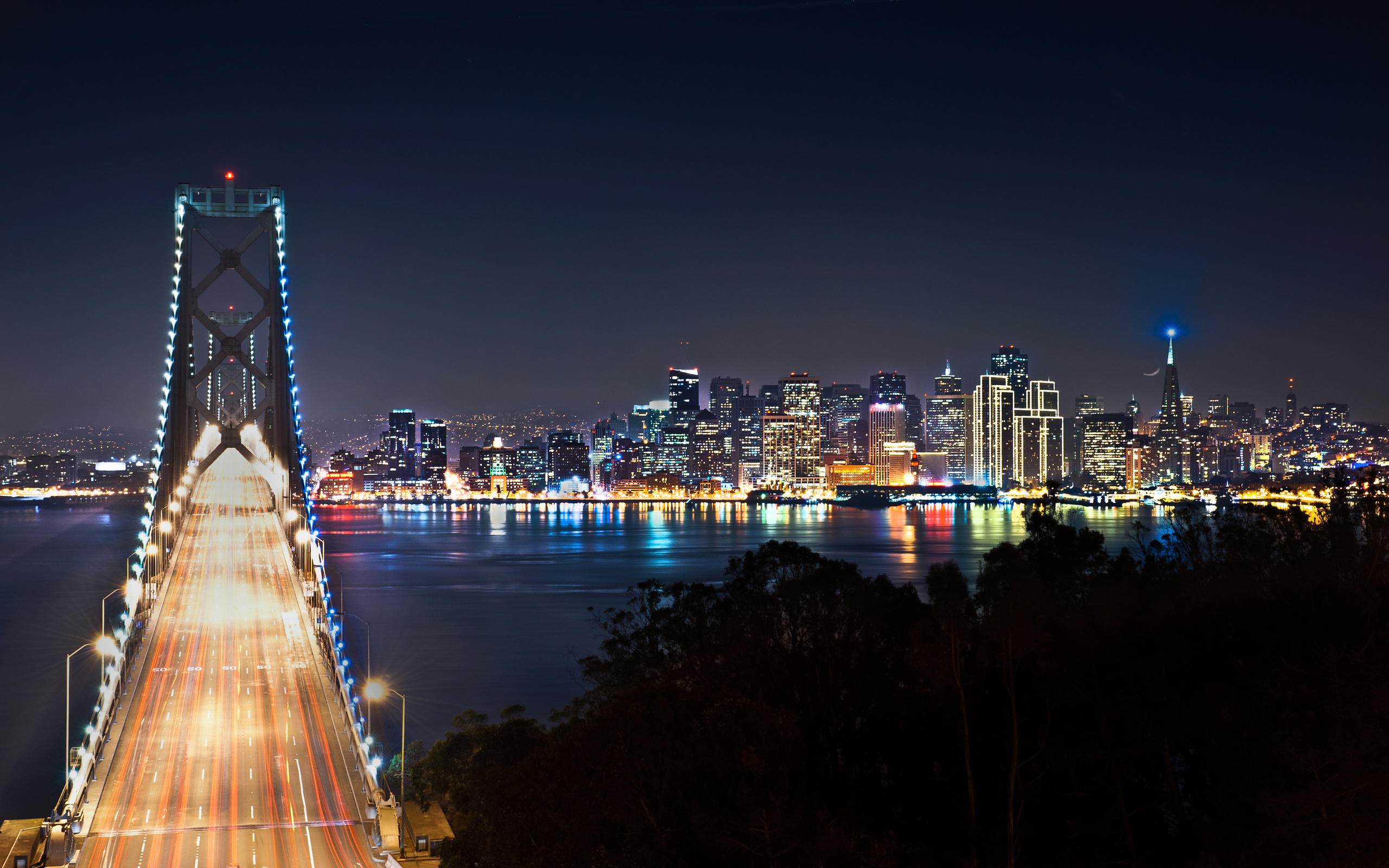 bridges, sky, san francisco, night, lights