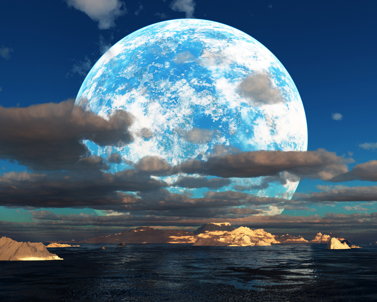 sky, clouds, sea, island, moon