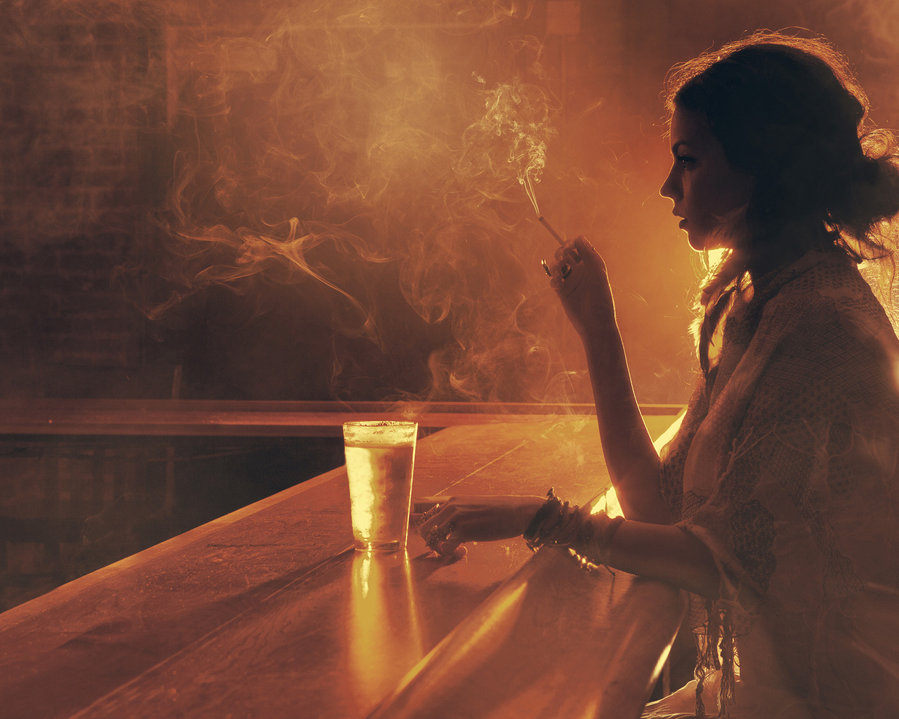 girl, bar, glass, cigarette, smoke, light