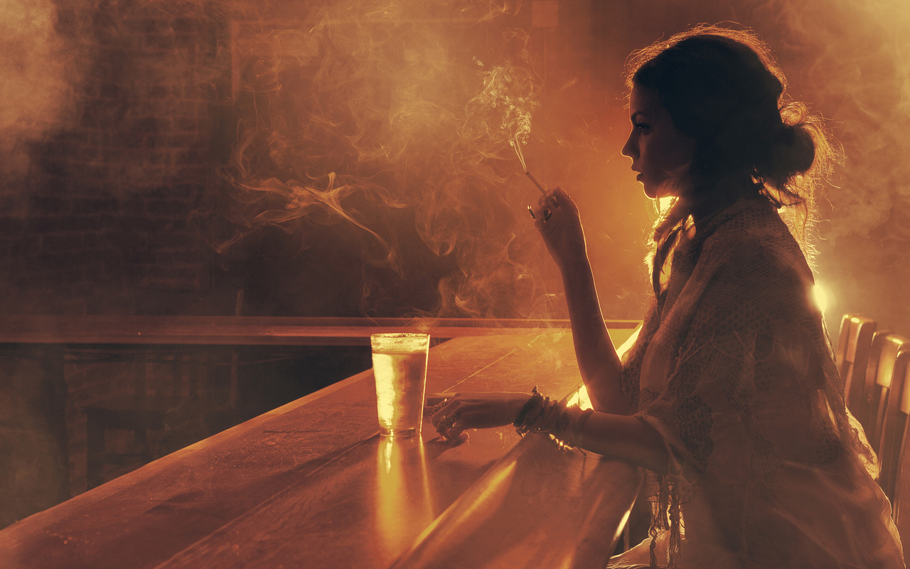 girl, bar, glass, cigarette, smoke, light