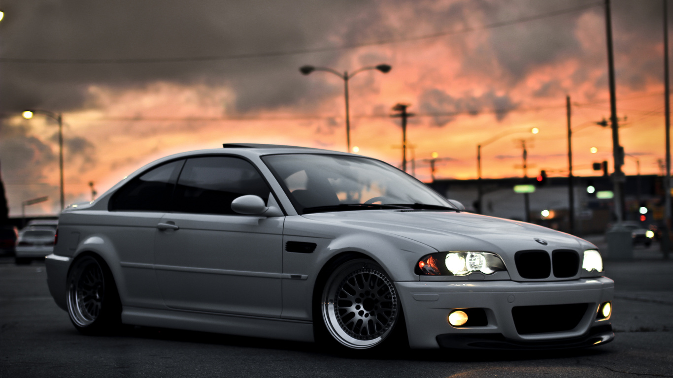 bmw, white, city, sky, sunset