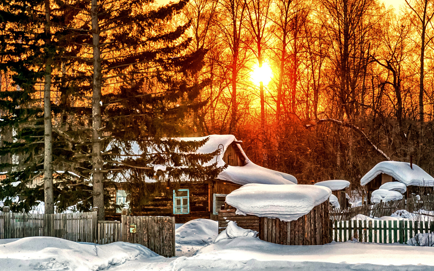 sunrise, forest, cottage, snow, tree, winter