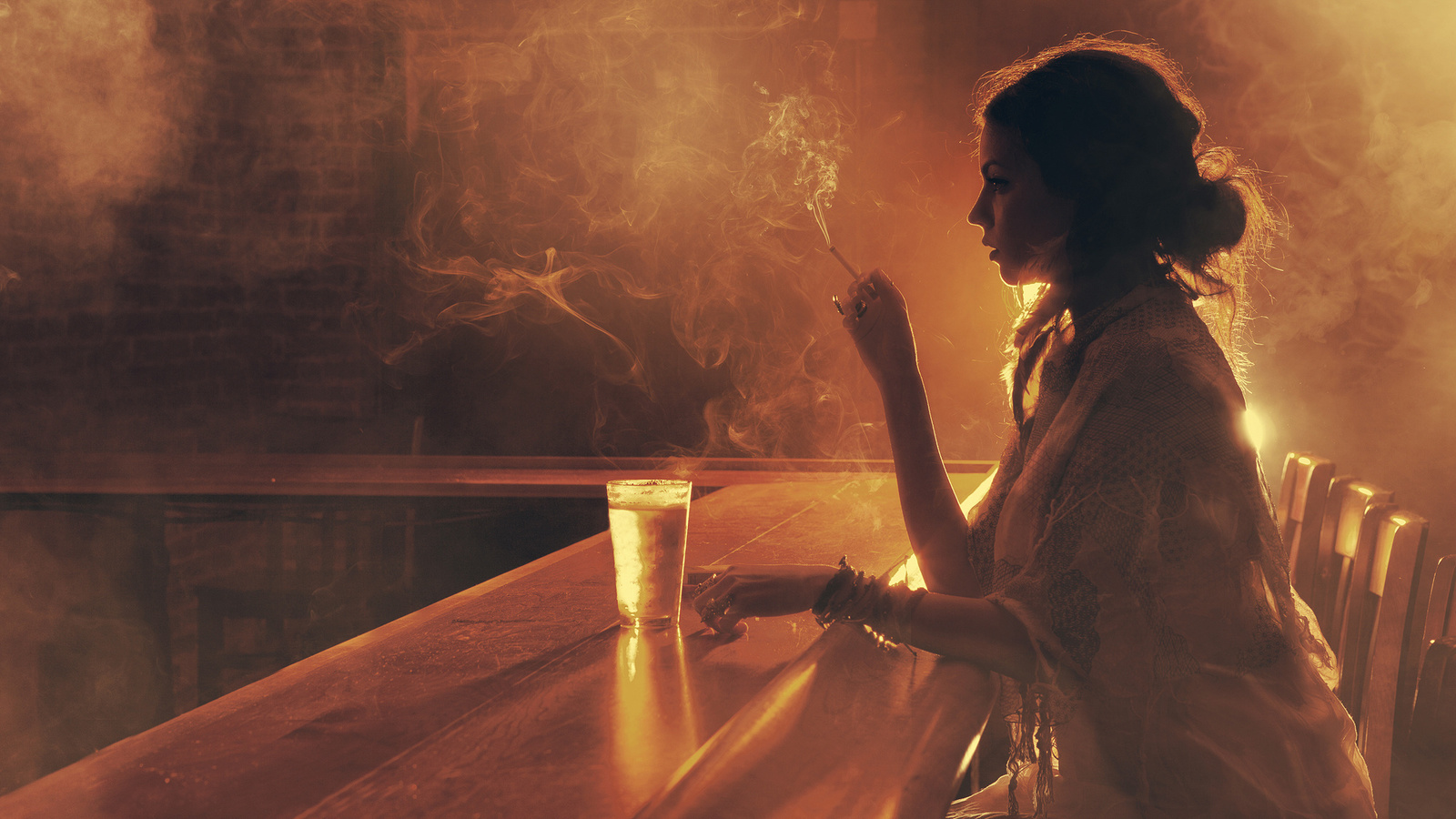 girl, bar, glass, cigarette, smoke, light