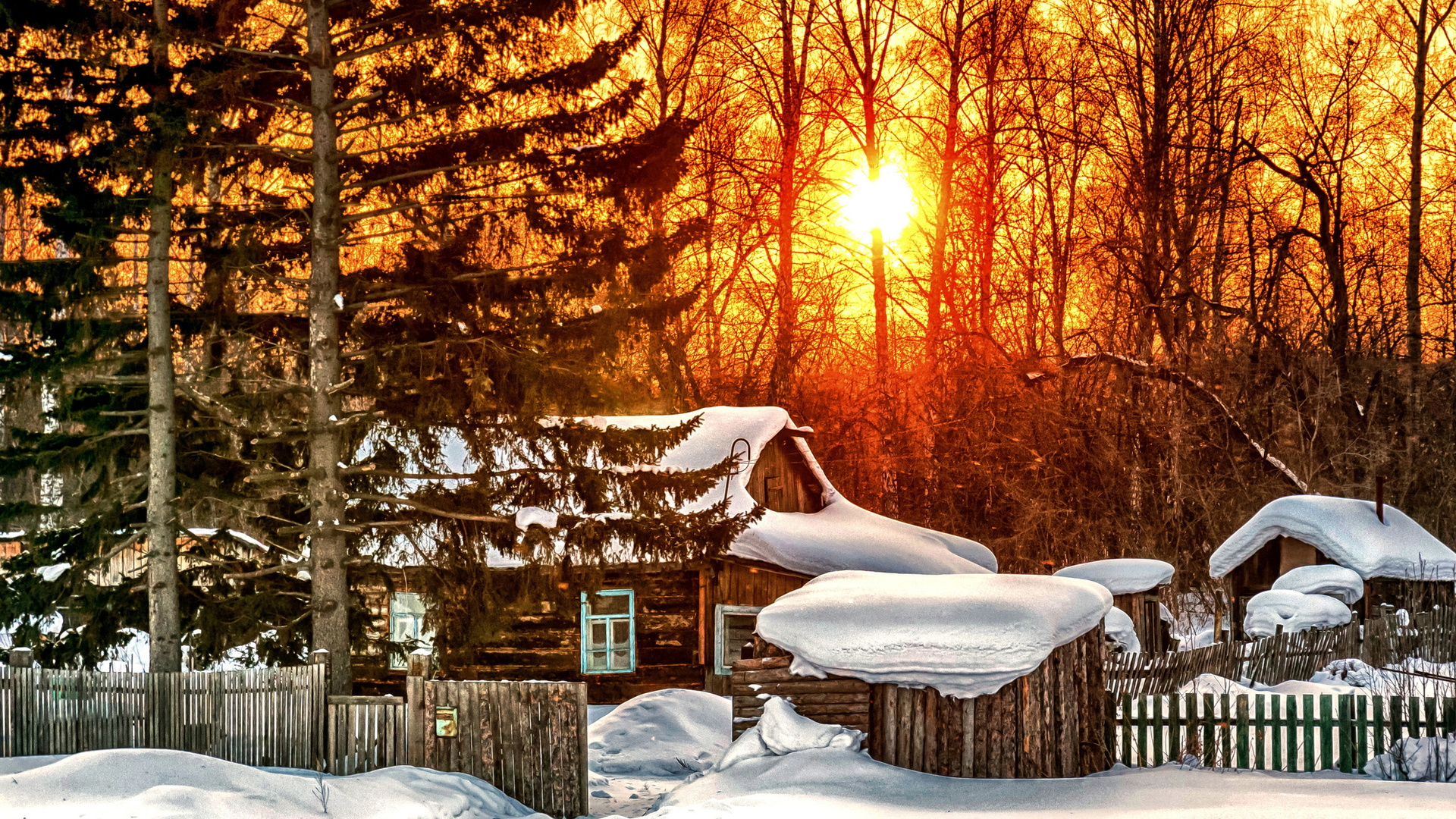 sunrise, forest, cottage, snow, tree, winter