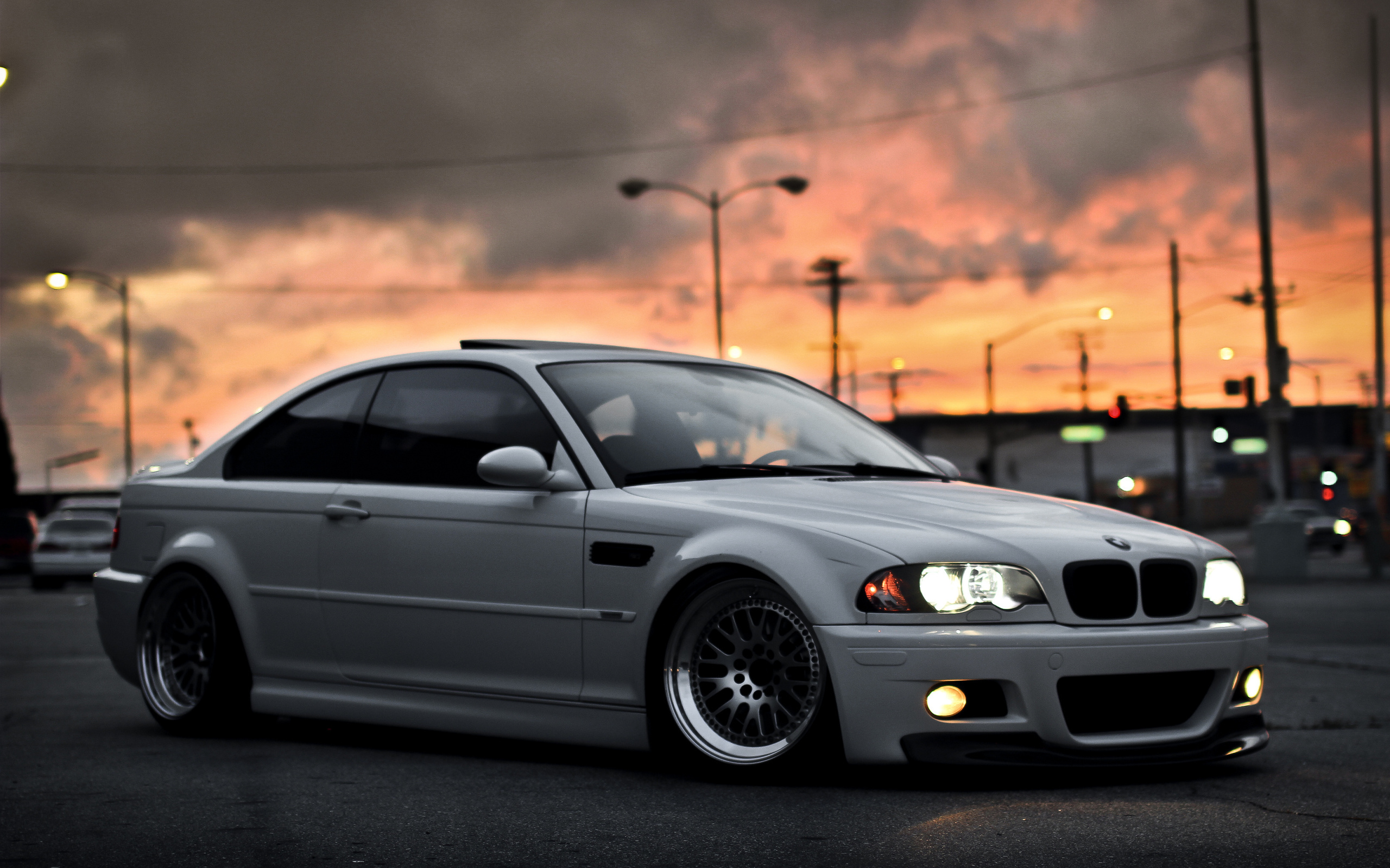 bmw, white, city, sky, sunset