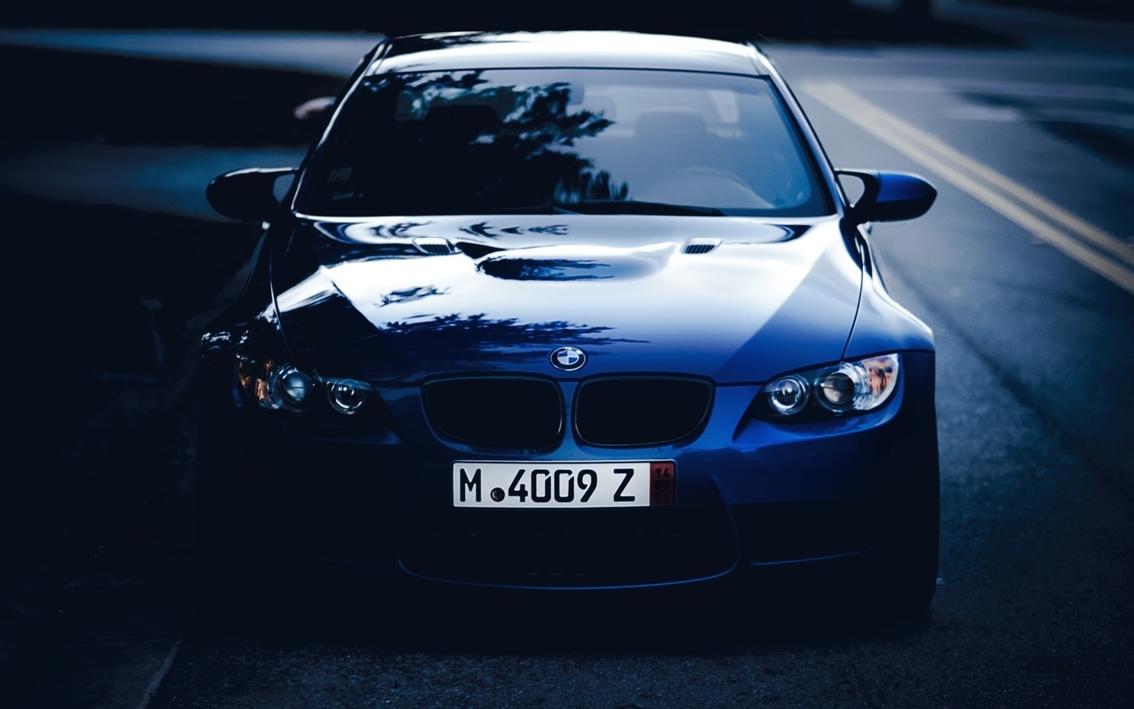 bmw, blue, front, road, twilight