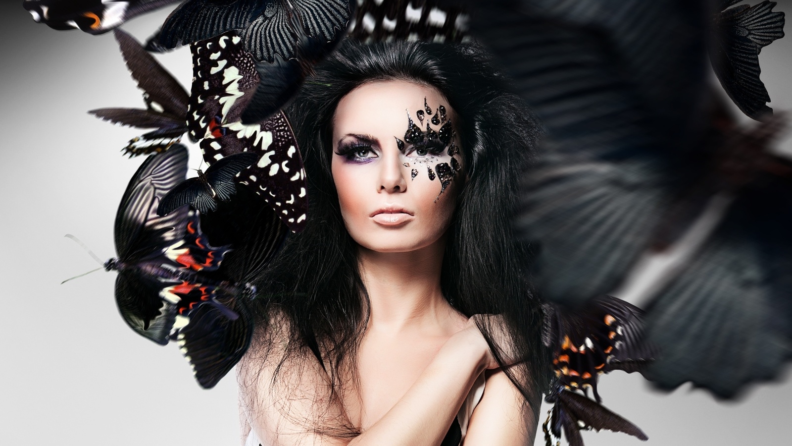 girl, makeup, face, butterflies, photoshop