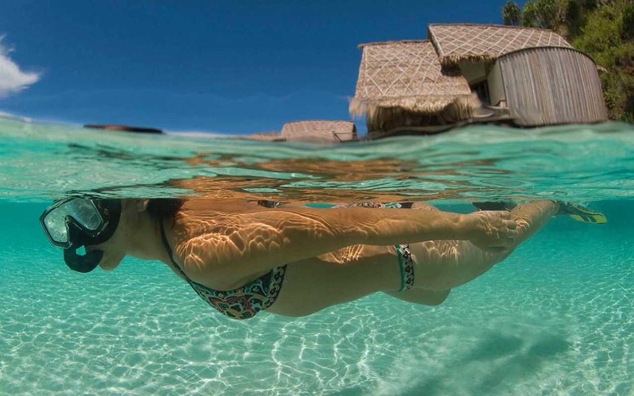 snorkelling, girl, bora-bora, ocean